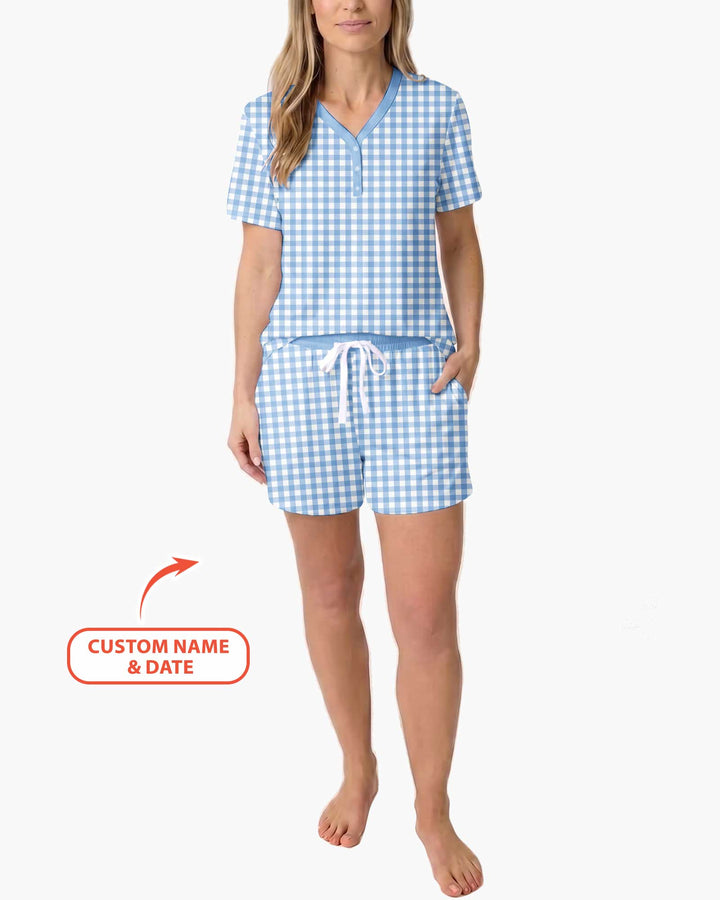 Embroidered Seersucker Bamboo Women Short Sleeve Short Pajama Set