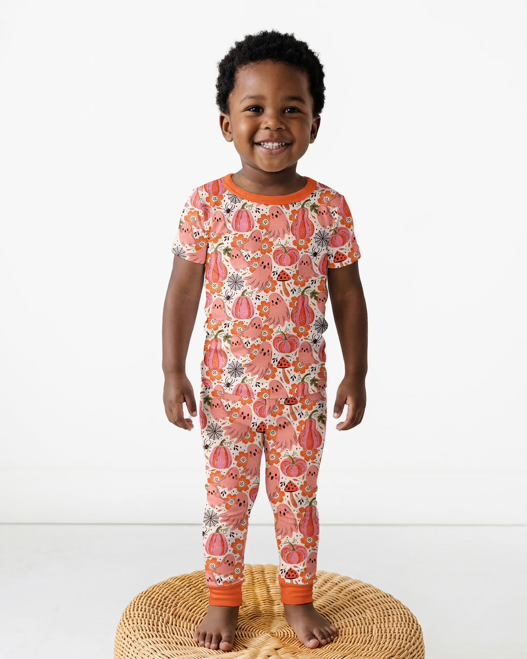 Pink Ghost Pumpkin Fall Floral Halloween Bamboo Two Piece Short Sleeve Pajama Set