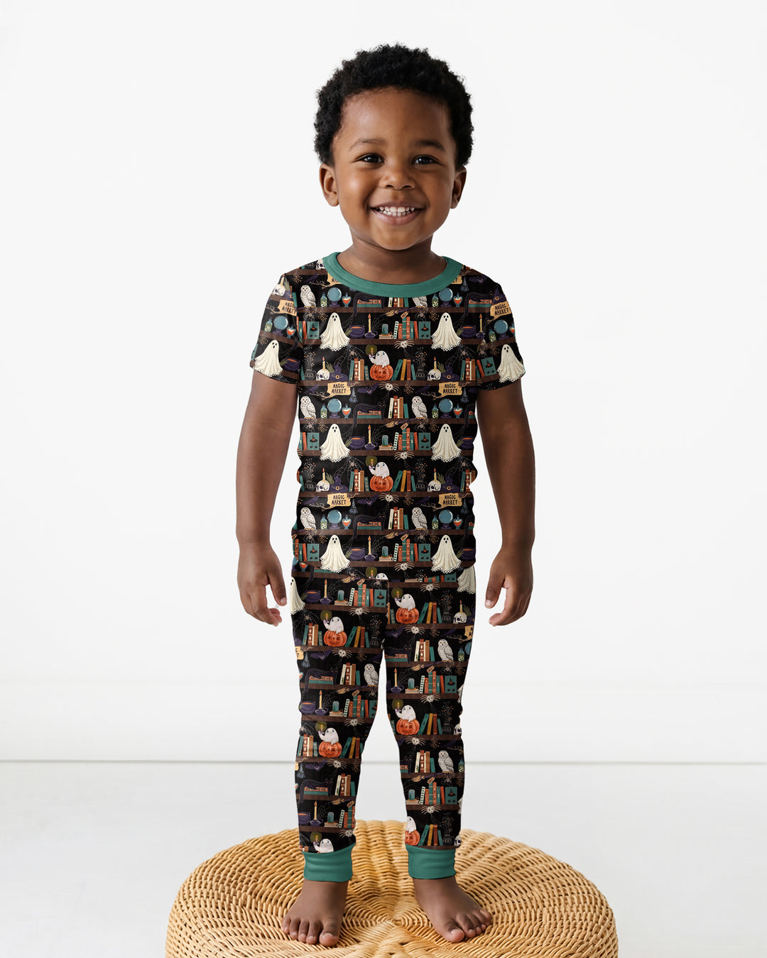 Cute Ghost Witchy Halloween Magic Library Bamboo Two Piece Short Sleeve Pajama Set