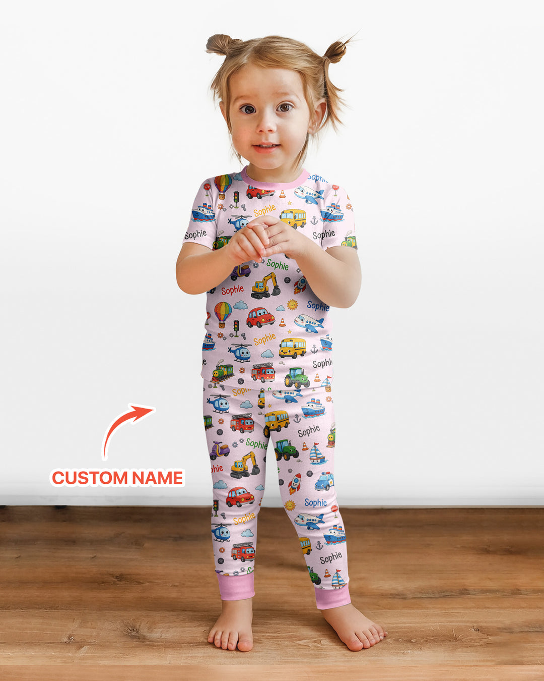 Custom Name Cute Transport Bamboo Two Piece Short Sleeve Pajama Set