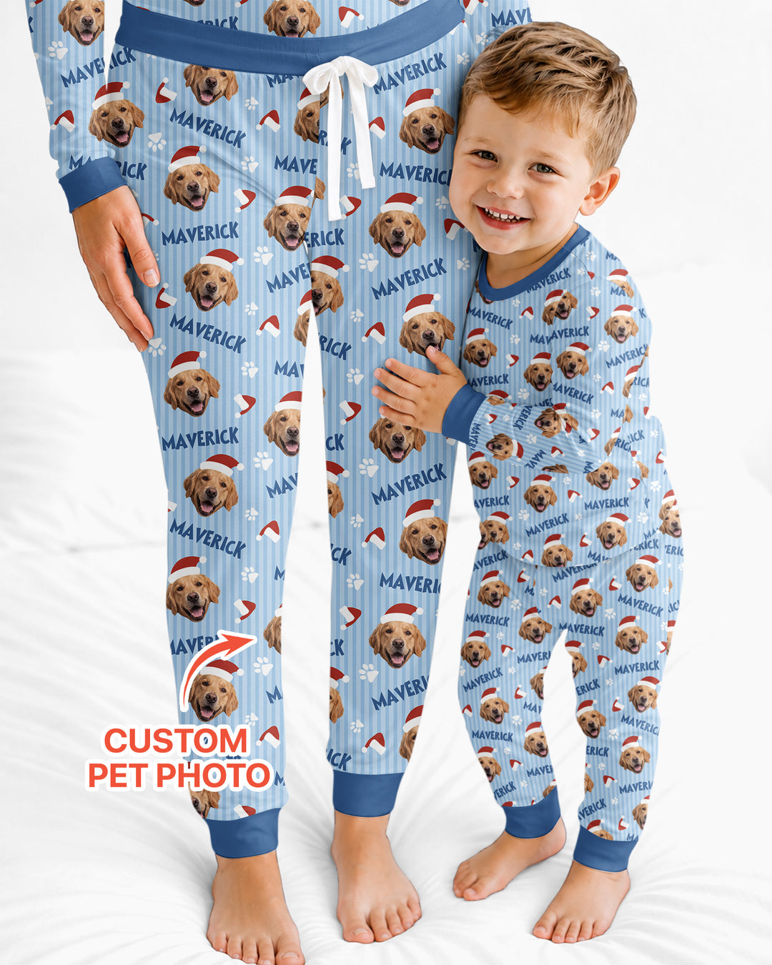 Custom Pet Photo Christmas Paws Stripe Bamboo Women Pajama Set