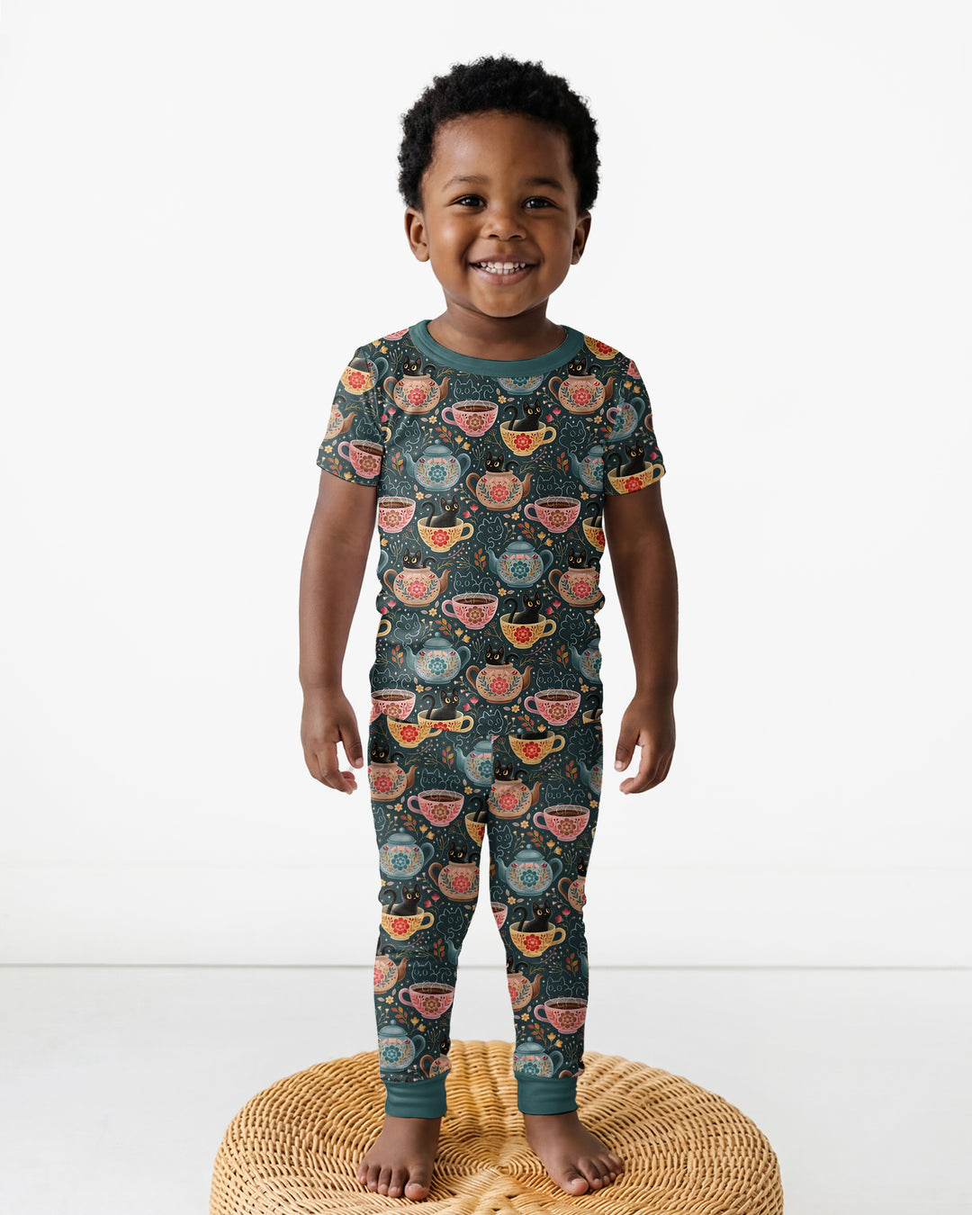 Folk Floral Black Cat Tea Party Bamboo Two Piece Short Sleeve Pajama Set