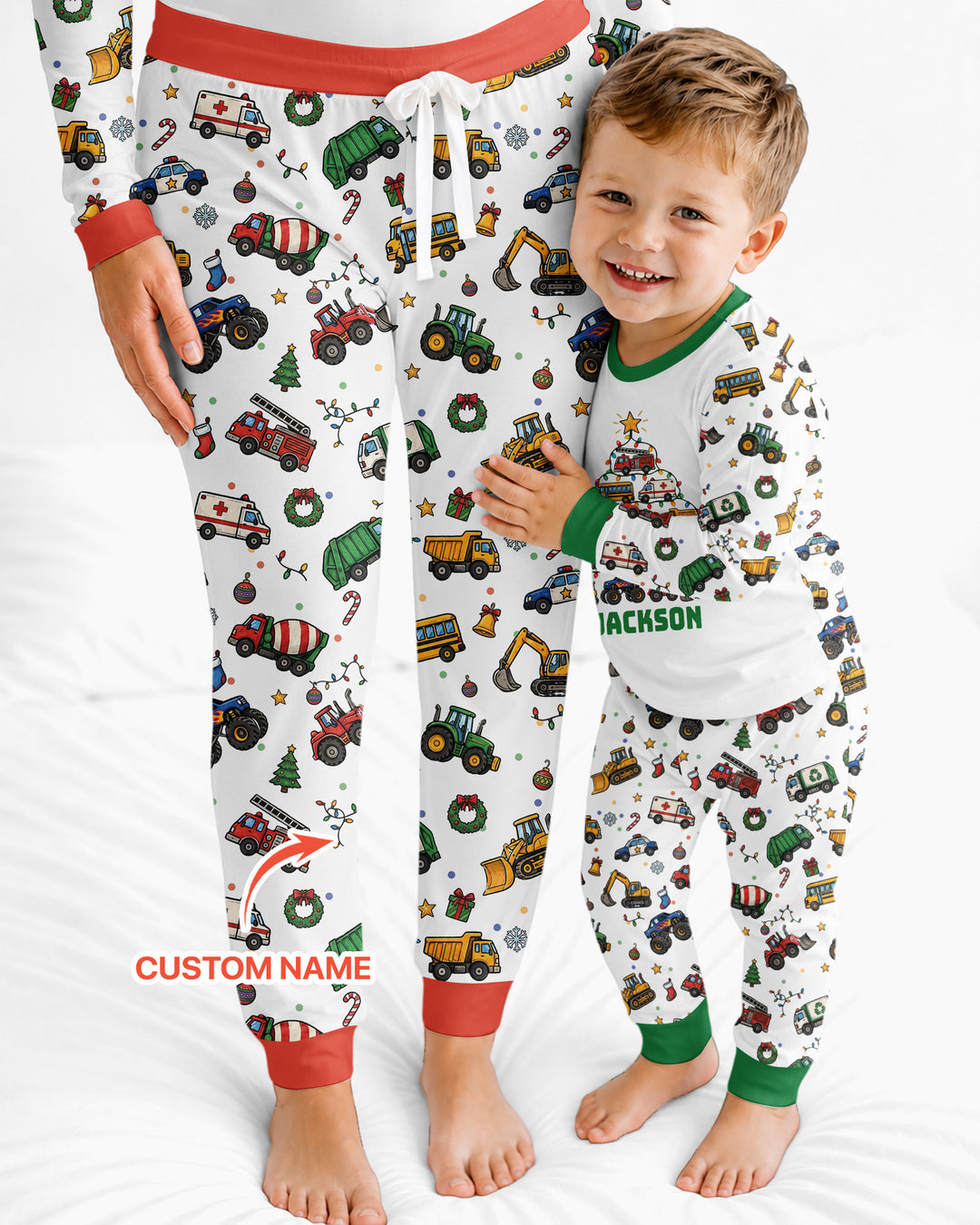 Custom Name Little Trucks Christmas Tree Bamboo Women Pajama Set