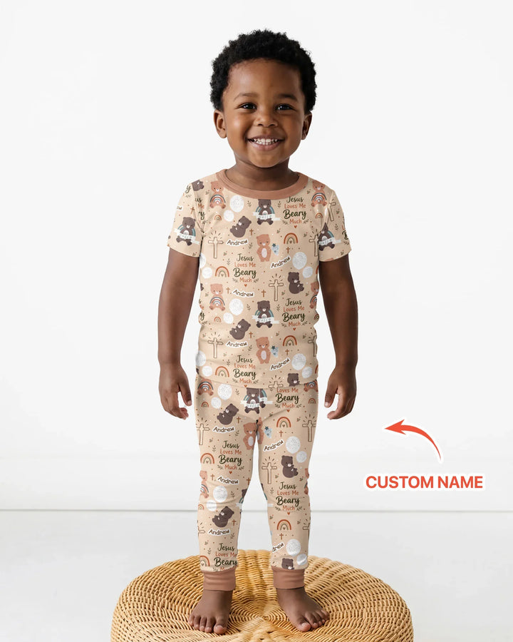 Custom Name Jesus Loves Me Beary Much Bamboo Two Piece Short Sleeve Pajama Set