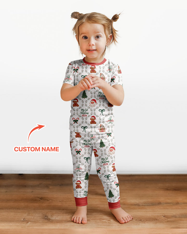 Custom name "Fancy Monogram Red Christmas 2026" Bamboo Two Piece Short Sleeve Pajama Set