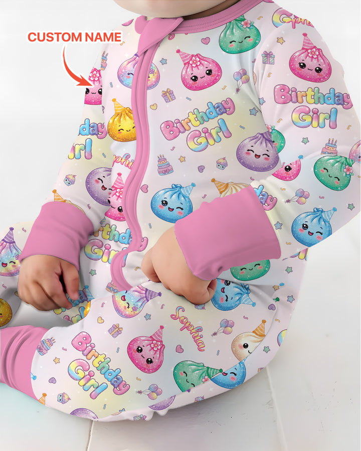 Custom Name Glitter Dumpling Birthday Girl Bamboo Convertible Zippy