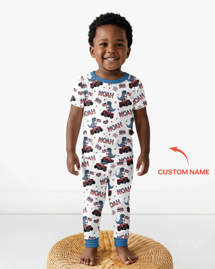 Custom Name American Flag Dinosaur Bamboo Two Piece Short Sleeve Pajama Set