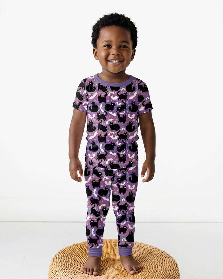 Spooky Black Cat Halloween Purple Bats Bamboo Two Piece Short Sleeve Pajama Set