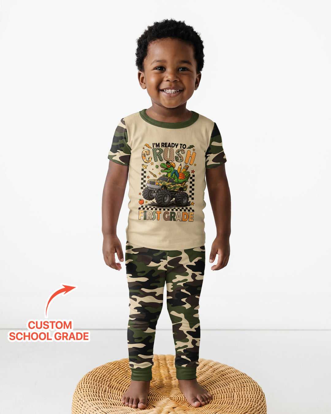 Back To School Monster Truck Dino Bamboo Two Piece Short Sleeve Pajama Set