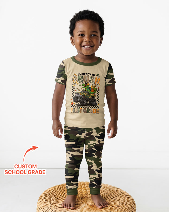 Back To School Monster Truck Dino Bamboo Two Piece Short Sleeve Pajama Set