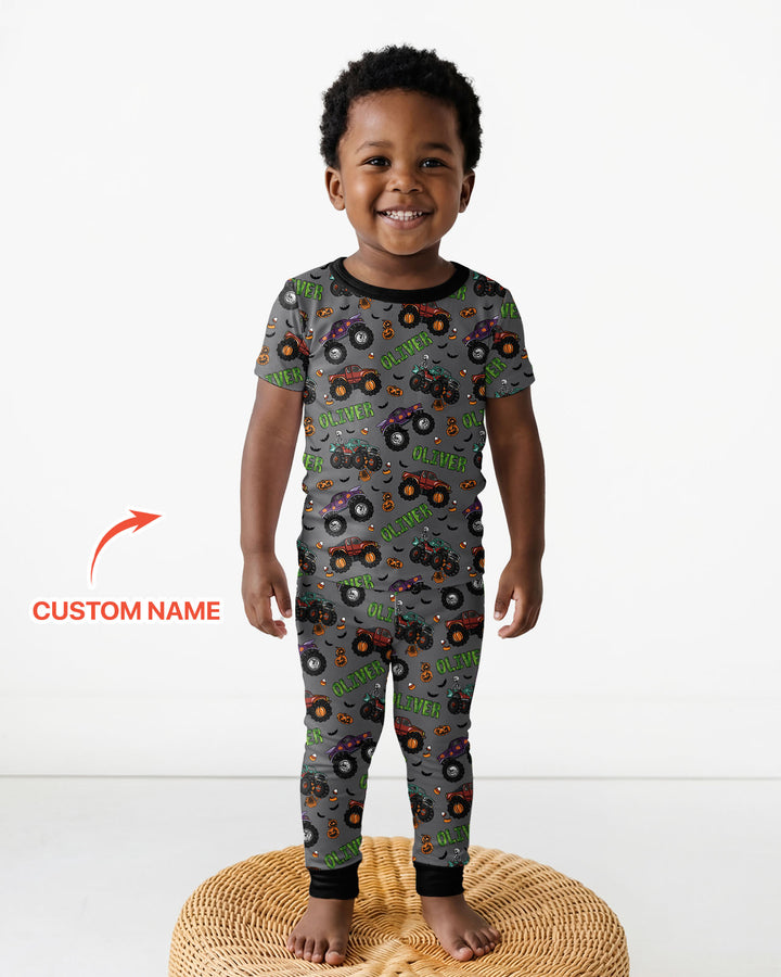 Custom Name Haunted Monster Trucks  Bamboo Two Piece Short Sleeve Pajama Set