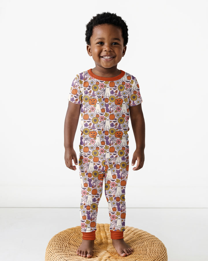 Ghost Pumpkin Fall Floral Halloween Bamboo Two Piece Short Sleeve Pajama Set