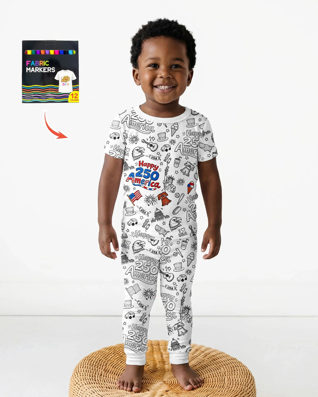 All Colorable Happy 250 America I love USA Bamboo Two Piece Short Sleeve Pajama Set