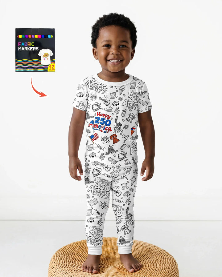 All Colorable Happy 250 America I love USA Bamboo Two Piece Short Sleeve Pajama Set