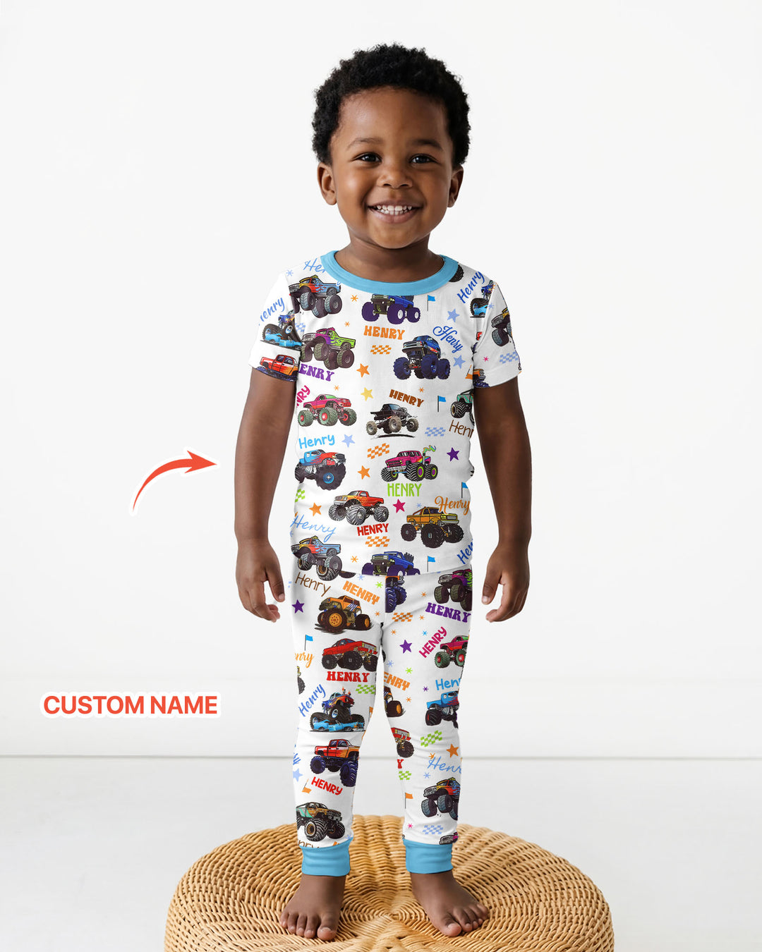 Monster Truck Custom Name Bamboo Two Piece Short Sleeve Pajama Set