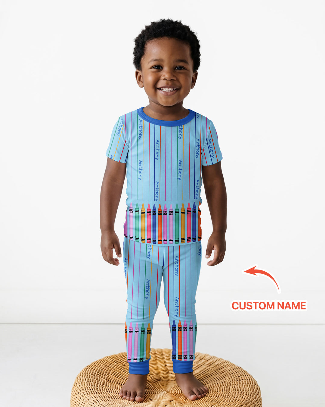 Custom Name Crayon Lines Bamboo Two Piece Short Sleeve Pajama Set