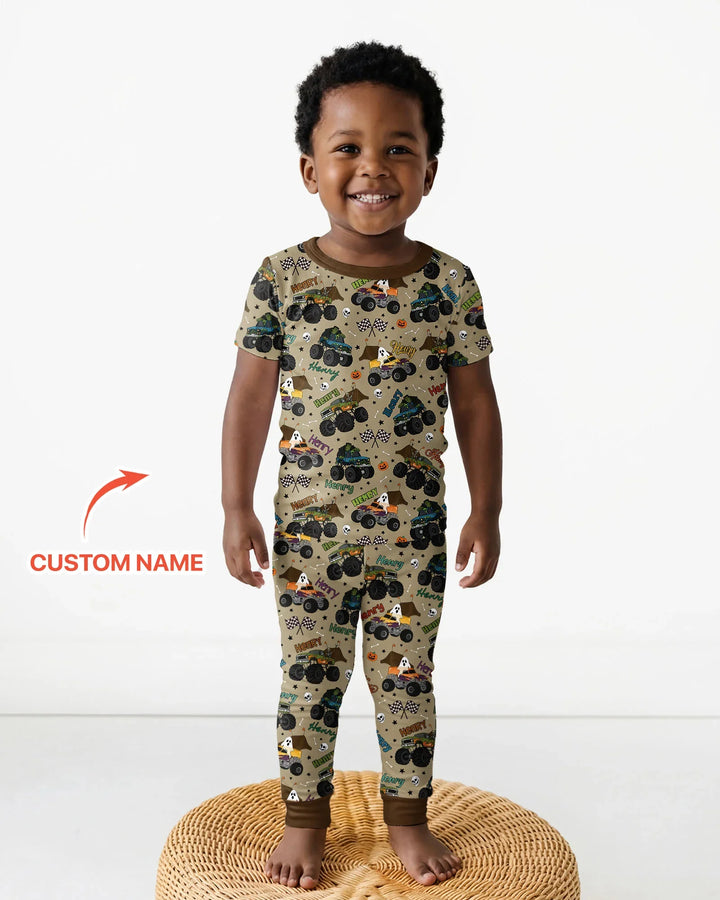 Custom Name Halloween Creepy Crusher Family Matching Bamboo Two Piece Short Sleeve Pajama Set