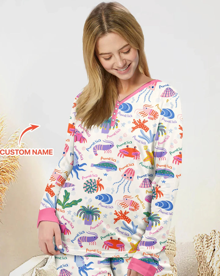 Tide Pool Pals Custom Name Bamboo Women Pajama Set