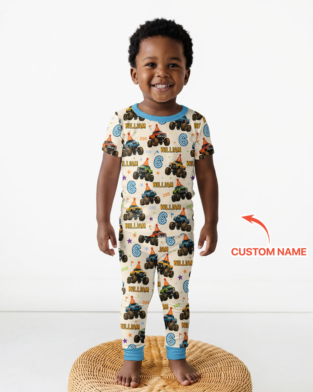 Custom Name Birthday Boy Monster Truck Bamboo Two Piece Short Sleeve Pajama Set