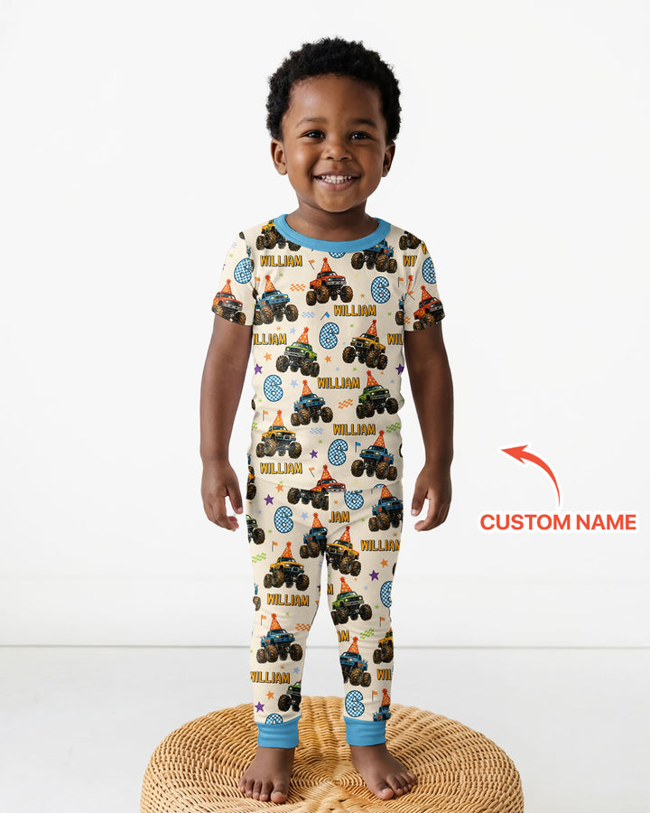 Custom Name Birthday Boy Monster Truck Bamboo Two Piece Short Sleeve Pajama Set