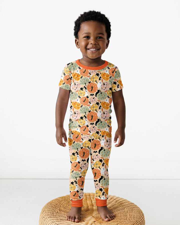 Floral Pumpkin Ghost Halloween Bamboo Two Piece Short Sleeve Pajama Set