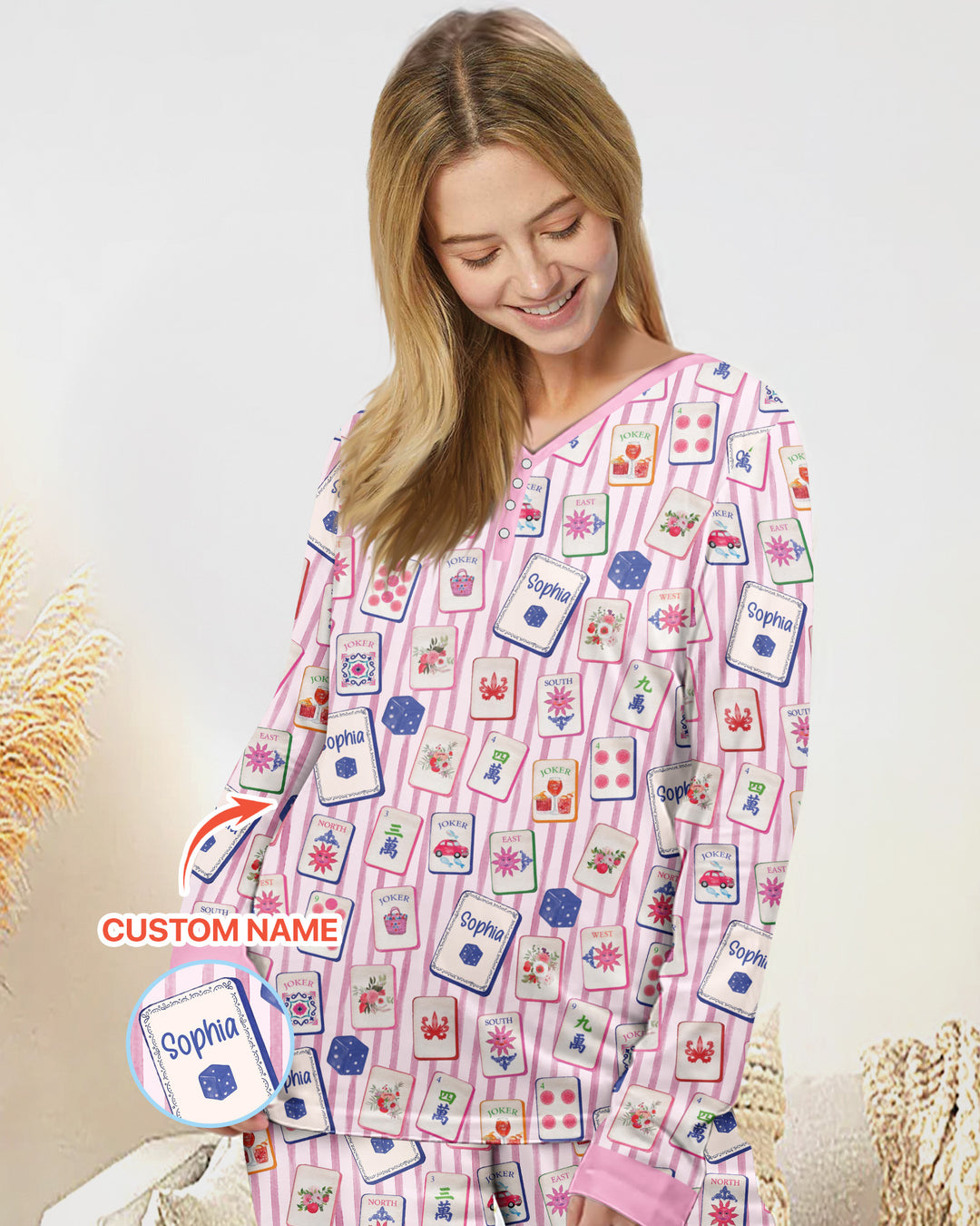Coastal Mahjong Custom Name Mommy & Me Matching Bamboo Women Pajama Set