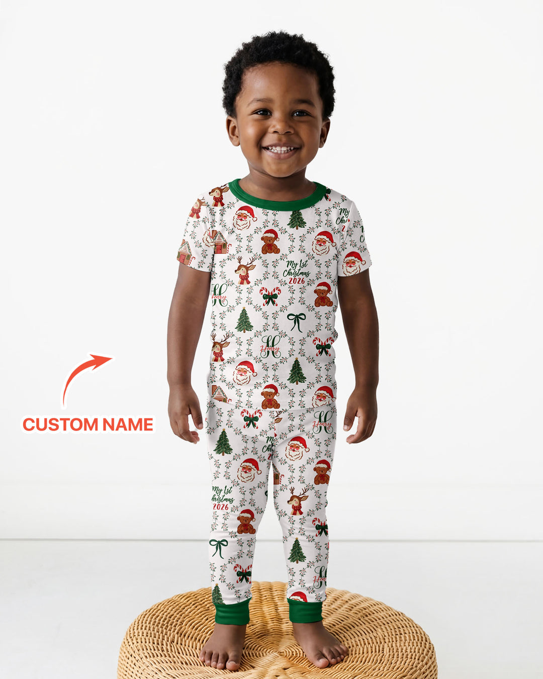 Custom name "Fancy Monogram Green Christmas 2026" Bamboo Two Piece Short Sleeve Pajama Set