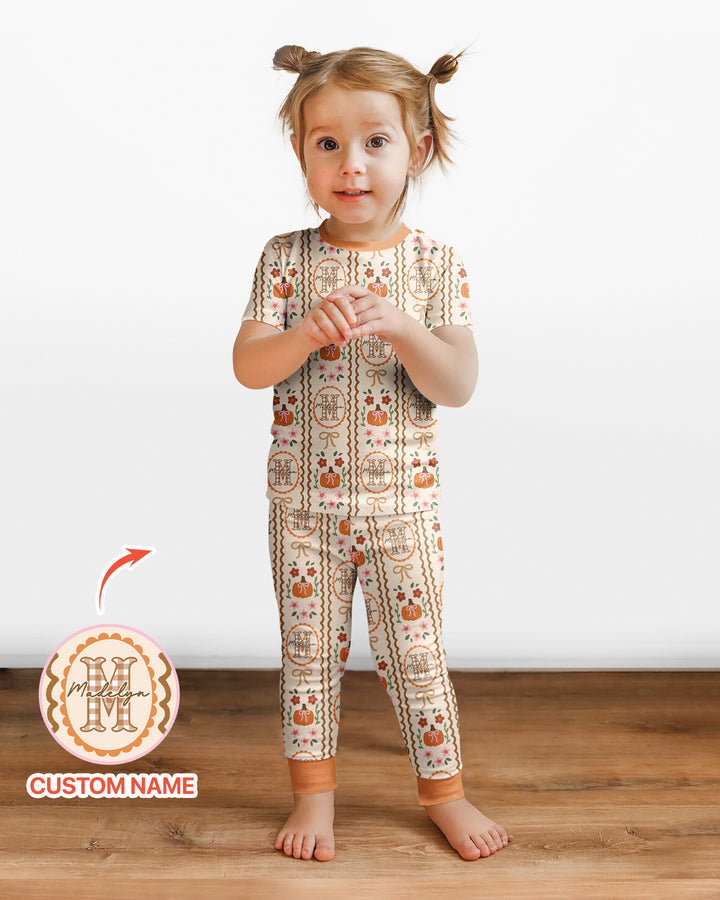 Custom Name Pumpkin Cottage Bamboo Two Piece Short Sleeve Pajama Set