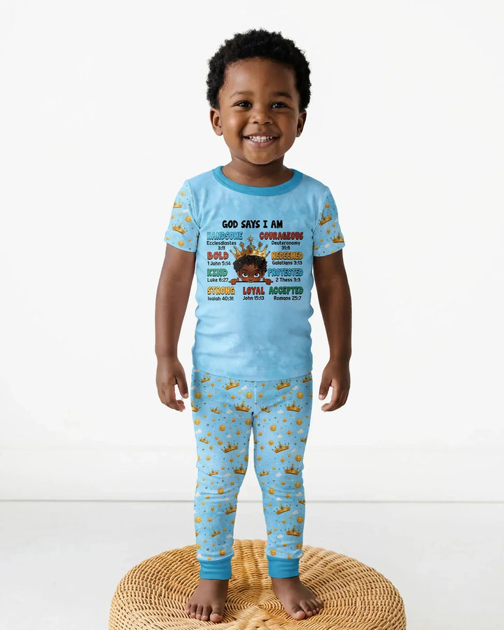 God Says I Am Afro  Boy  Bamboo Two Piece Short Sleeve Pajama Set
