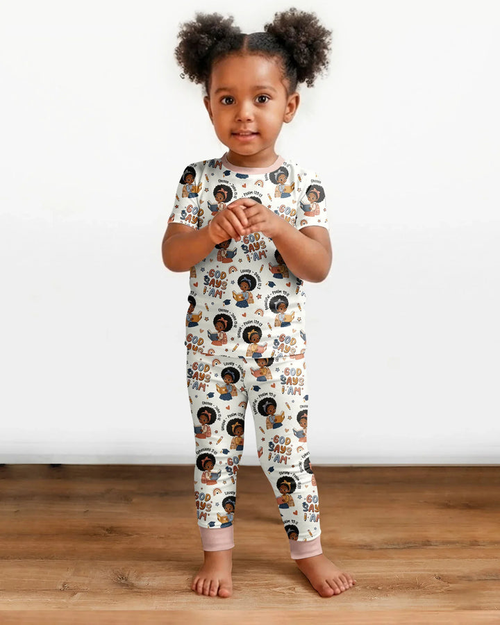 God Says I Am Cute Learning Afro Girl  Bamboo Two Piece Short Sleeve Pajama Set