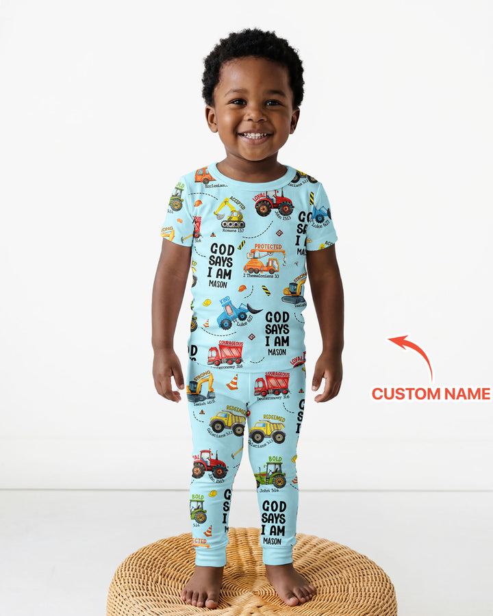 Conjunto de Pijama de Dos Piezas de Bambú para Niño con Manga Corta "God Says I Am" con Nombre Personalizado