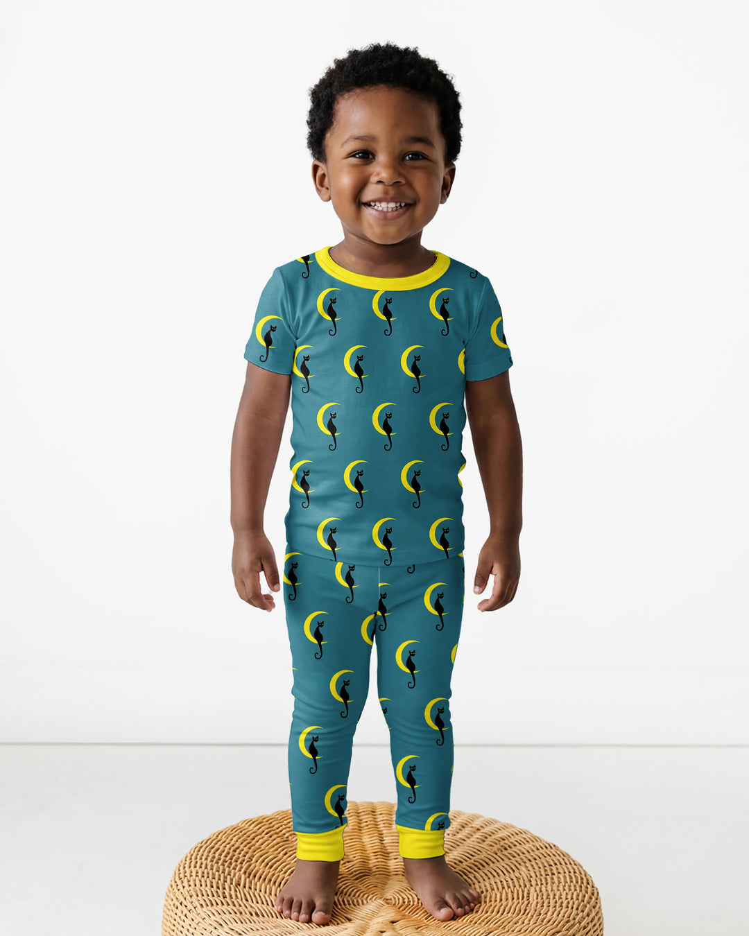 Black Cat Crescent Moon Celestial Night Bamboo Two Piece Short Sleeve Pajama Set
