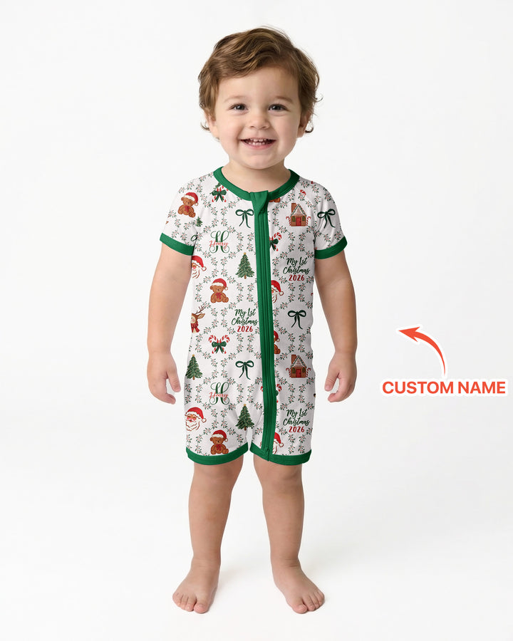 Custom name "Fancy Monogram Green Christmas 2026" Bamboo Shorty Zippy
