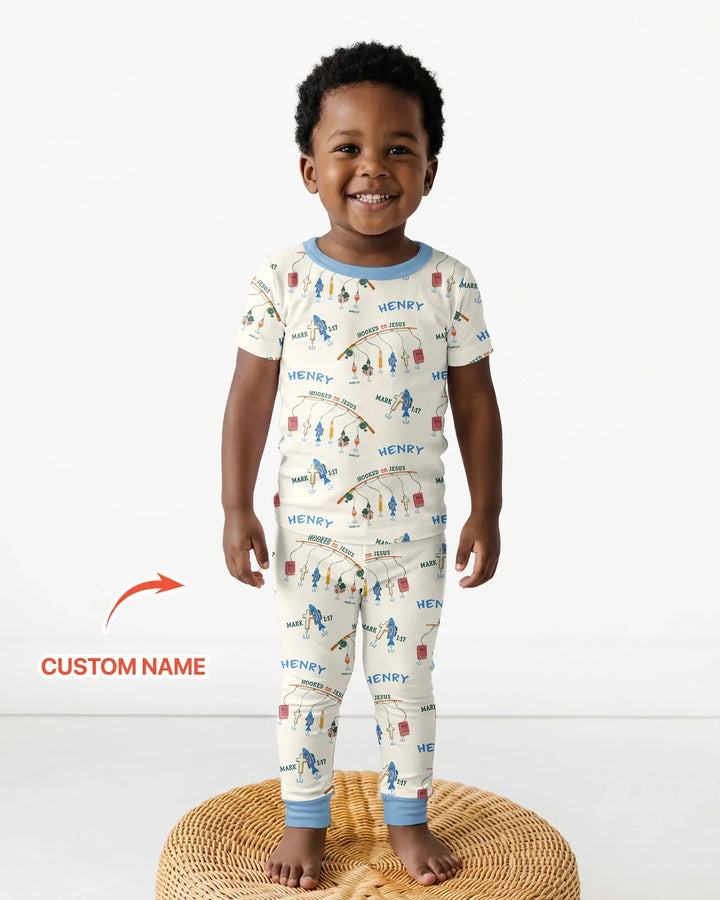 Hooked On Jesus Fishing Matching Bamboo Two Piece Short Sleeve Pajama Set