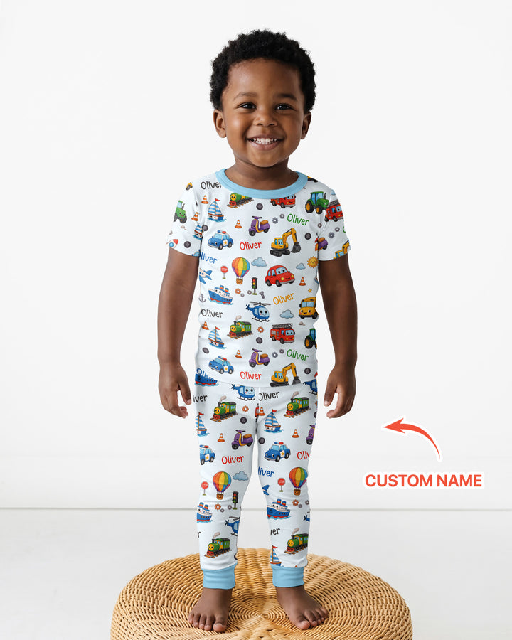 Custom Name Cute Transport Bamboo Two Piece Short Sleeve Pajama Set