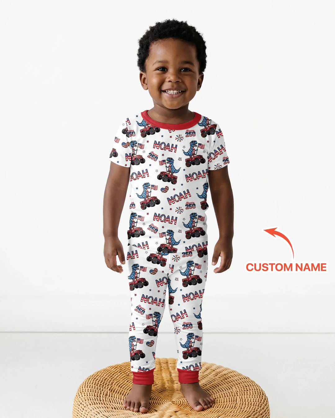 Custom Name American Flag Dinosaur Bamboo Two Piece Short Sleeve Pajama Set