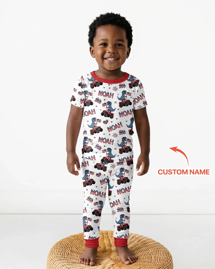 Custom Name American Flag Dinosaur Bamboo Two Piece Short Sleeve Pajama Set