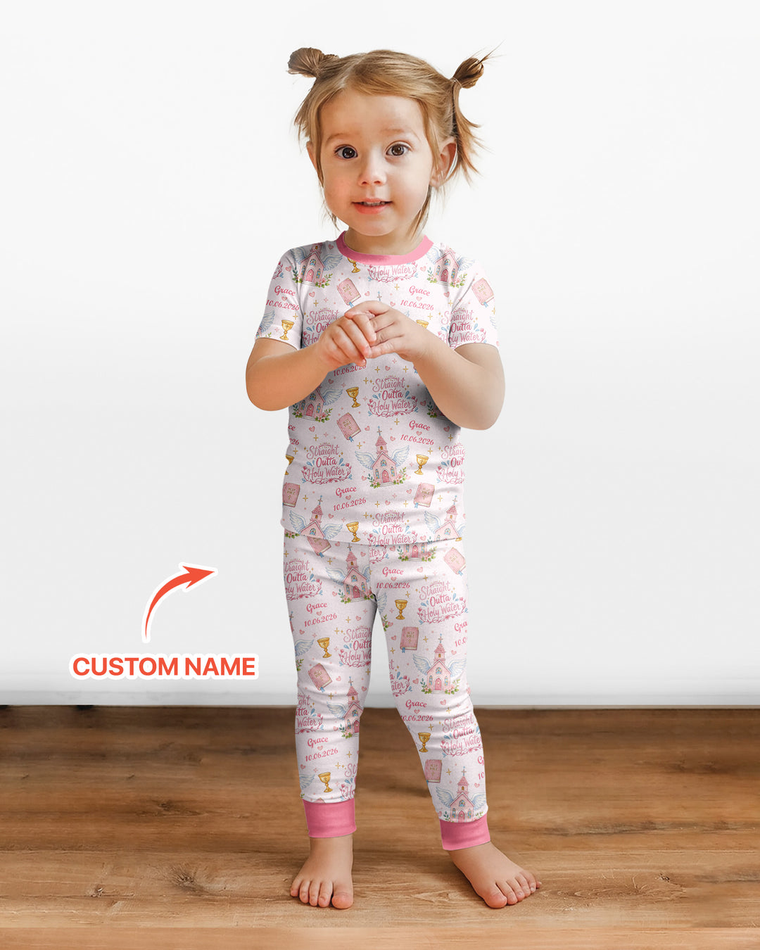 Custom Name Baptism Christening Straight Outta Holy Water Bamboo Two Piece Short Sleeve Pajama Set