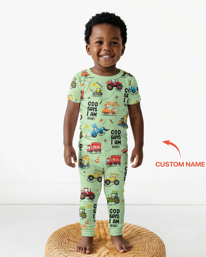 Conjunto de Pijama de Dos Piezas de Bambú para Niño con Manga Corta "God Says I Am" con Nombre Personalizado