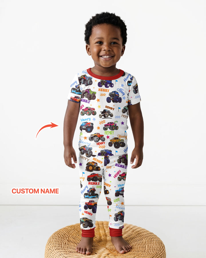 Monster Truck Custom Name Bamboo Two Piece Short Sleeve Pajama Set