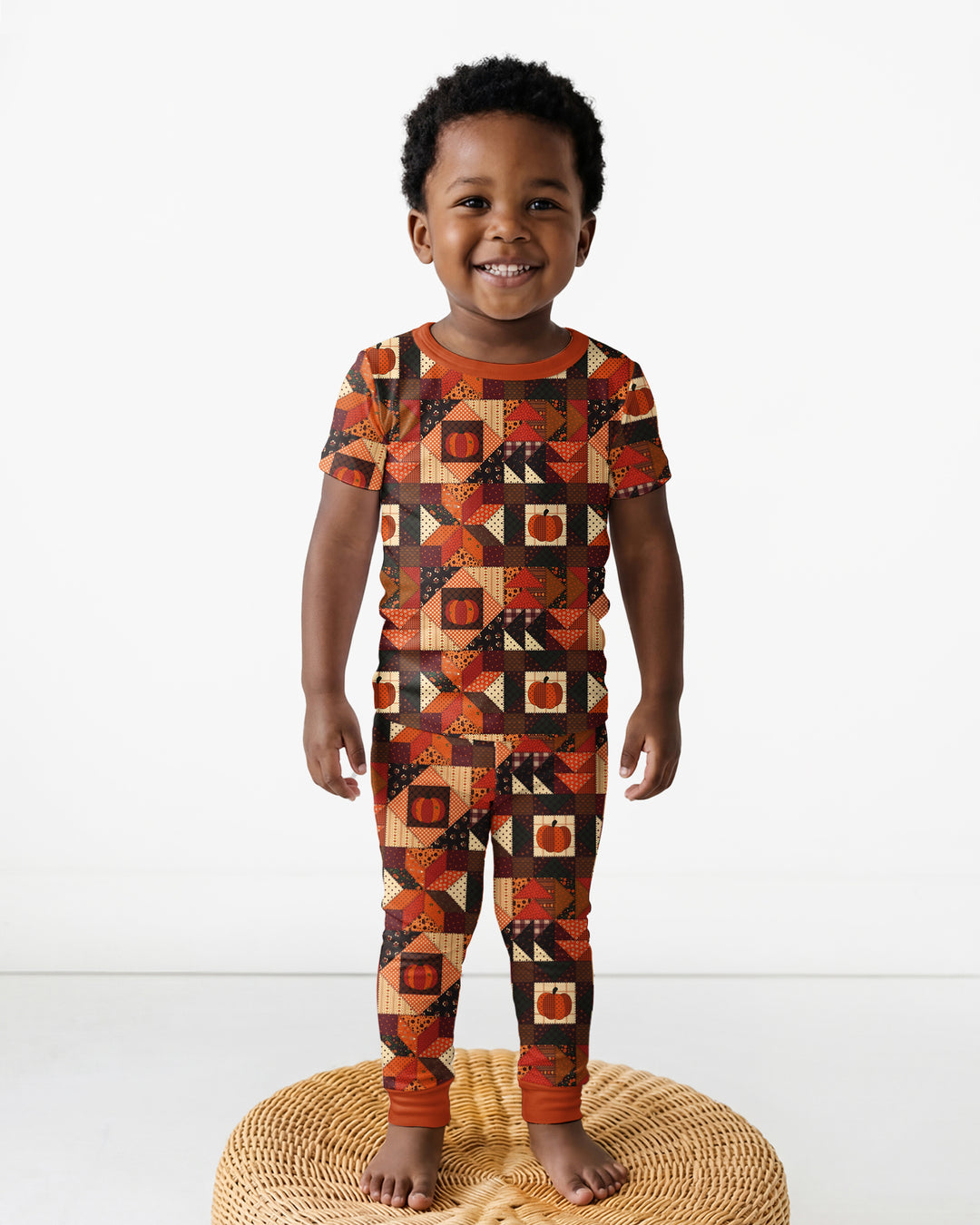 Vintage Pumpkin Patchwork Fall Bamboo Two Piece Short Sleeve Pajama Set