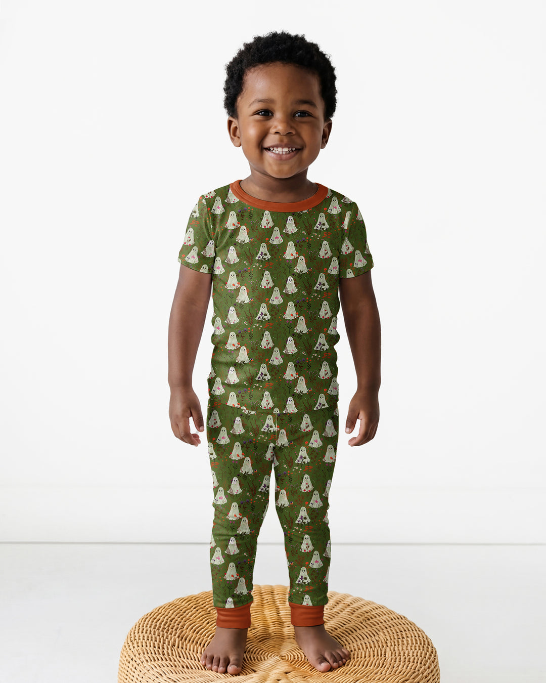 Cute Ghost Halloween Moss Green Floral Bamboo Two Piece Short Sleeve Pajama Set