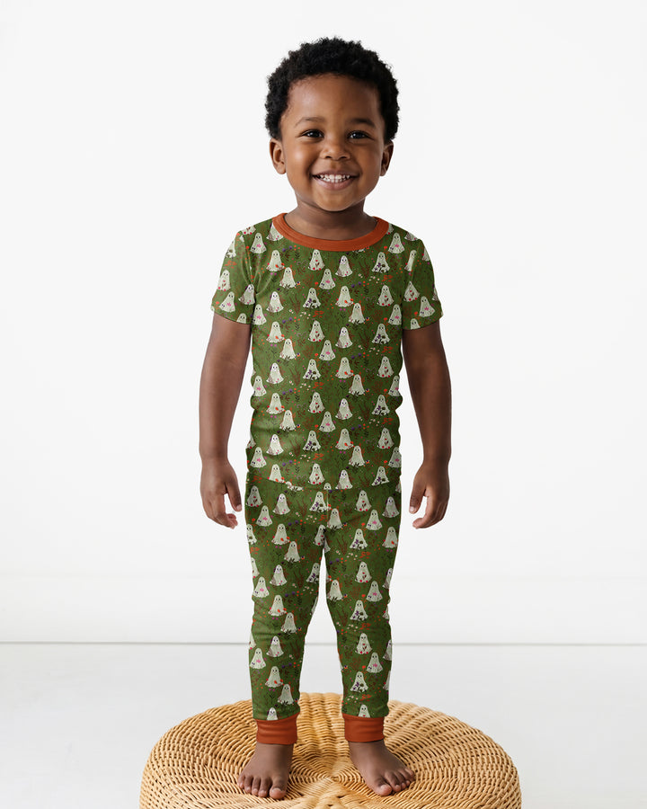 Cute Ghost Halloween Moss Green Floral Bamboo Two Piece Short Sleeve Pajama Set