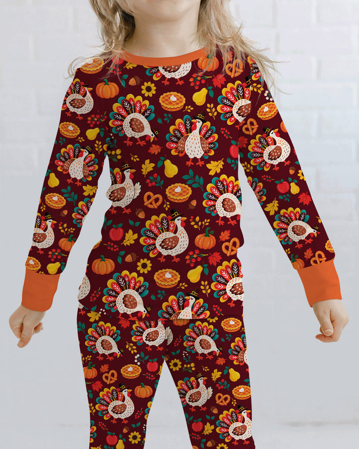 Festive Turkey Fall Harvest Bamboo Two Piece Long Sleeve Pajama Set