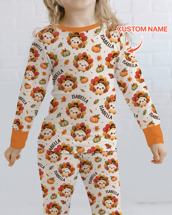 Cute Dumpling Turkey Thanksgiving Bamboo Two Piece Long Sleeve Pajama Set