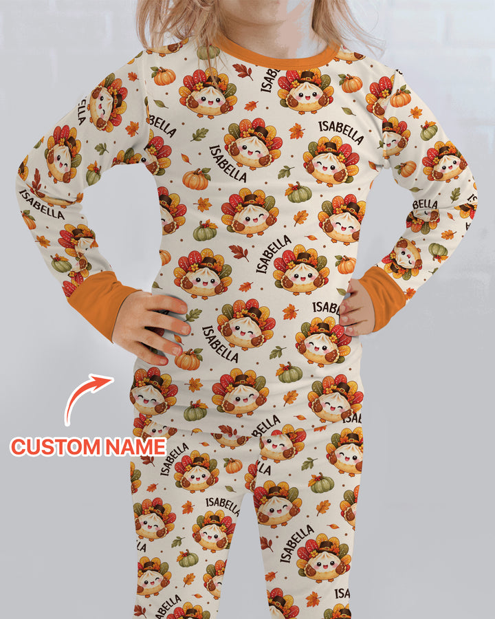 Cute Dumpling Turkey Thanksgiving Bamboo Two Piece Long Sleeve Pajama Set