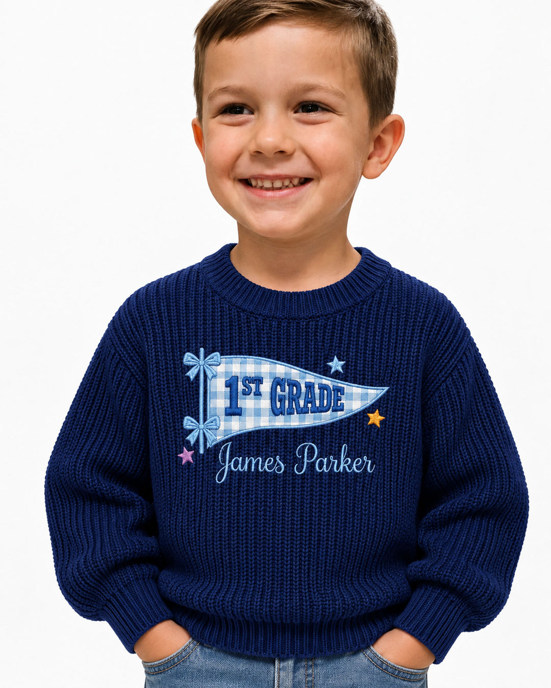 Cute Kindergarten Embroidered Baby Name Bamboo Knit Sweater Bubble