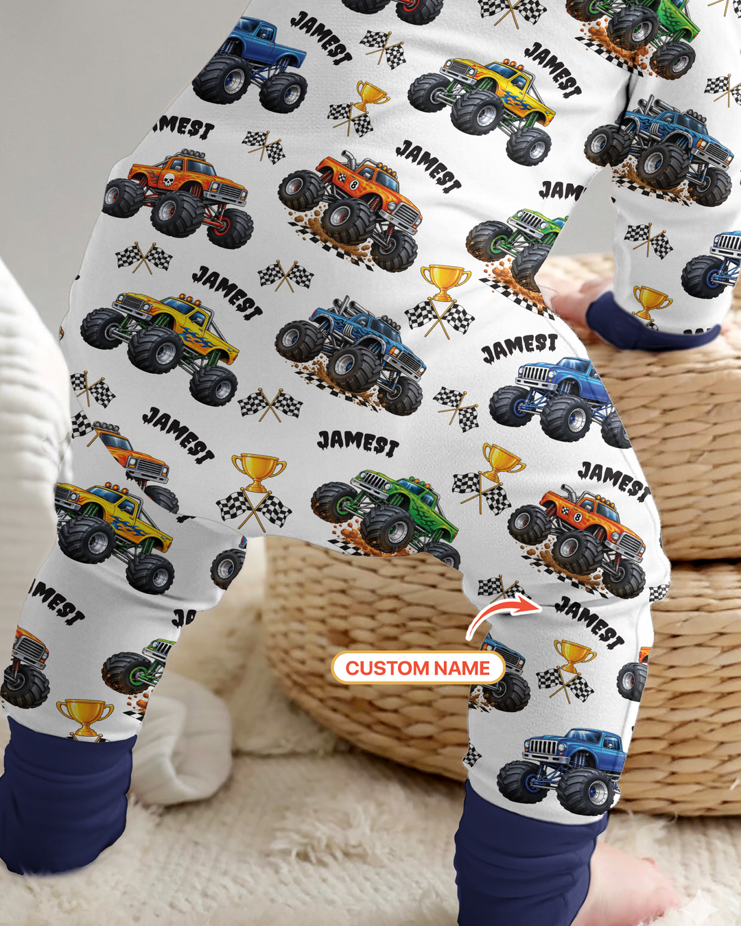 Custom Name Monster Trucks Bamboo Two Piece Long Sleeve Pajama Set