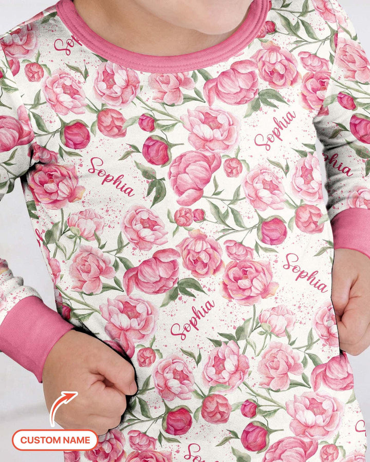 Custom Name Birth Month Flowers Bamboo Two Piece Long Sleeve Pajama Set