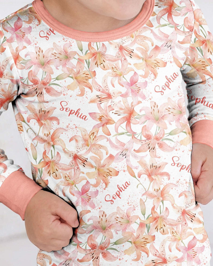 Custom Name Birth Month Flowers Bamboo Two Piece Long Sleeve Pajama Set